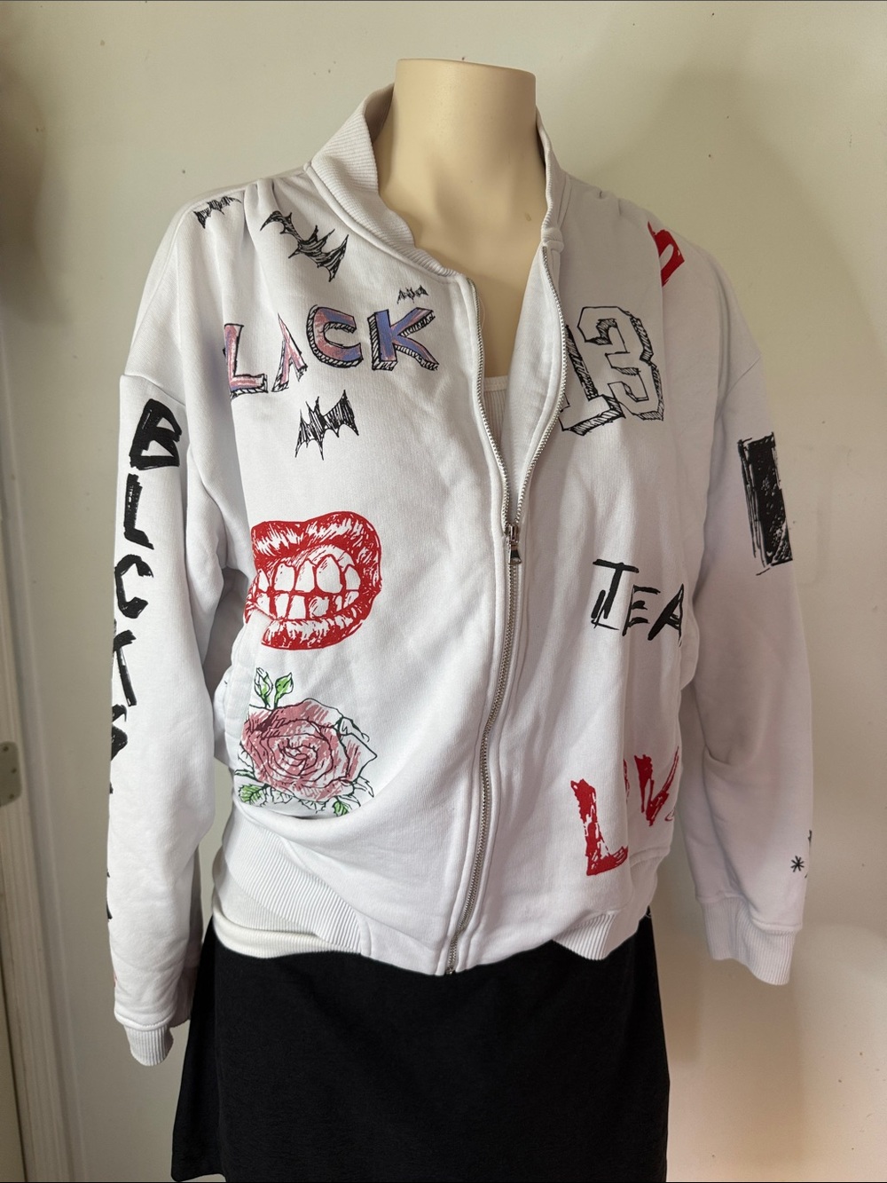 White Graphic Bomber Jacket with Red & Black Accents